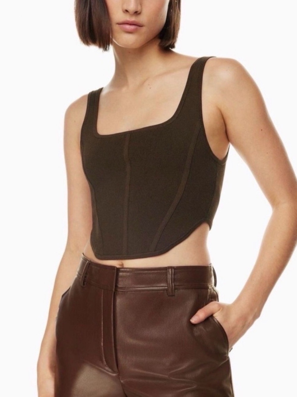Square Neck Ribbed Crop Tank Top - Dark Brown - Picture 3 of 3